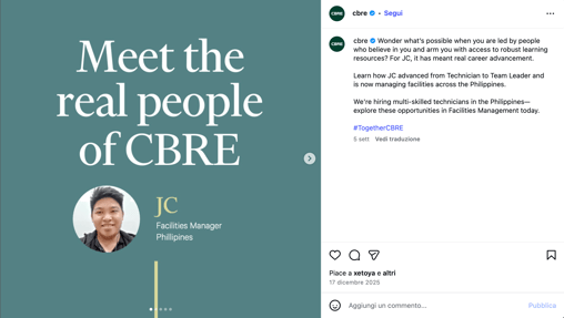 Schermata Instagram di esempio employer branding